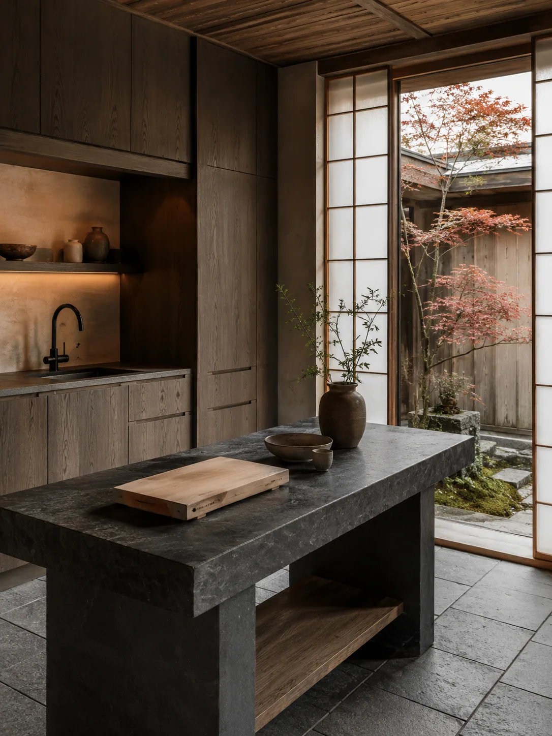 Vertical Japandi kitchen with smoked-oak cabinets, dark soapstone, shoji glass and a maple tree in an inner courtyard.