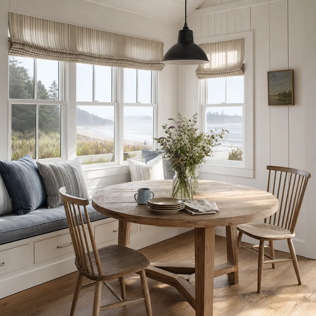 New England breakfast nook with a window bench, blue-gray cushions, a weathered oak table, and shoreline view