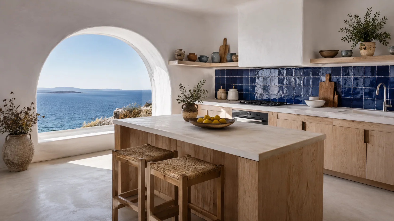 Wide Cycladic coastal kitchen with white limewashed walls, cobalt tile, a pale-oak island and an arched Aegean Sea window.