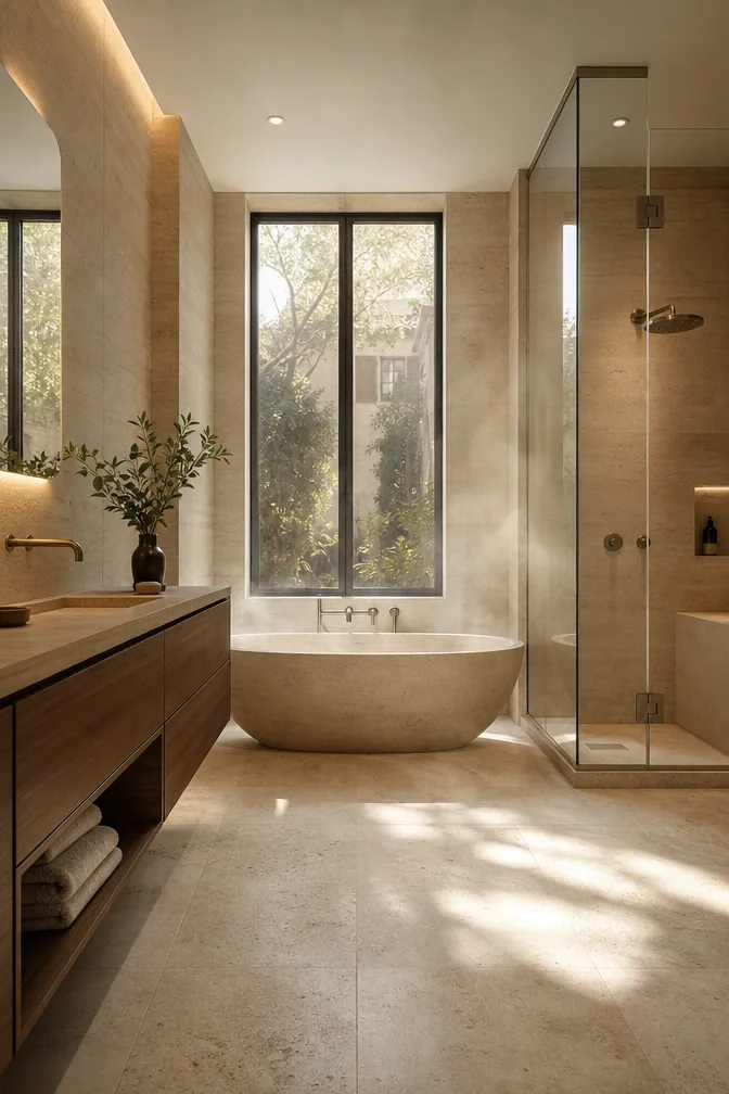 Travertine bathroom with an oval stone tub, floating walnut vanity, frameless shower, and tall window