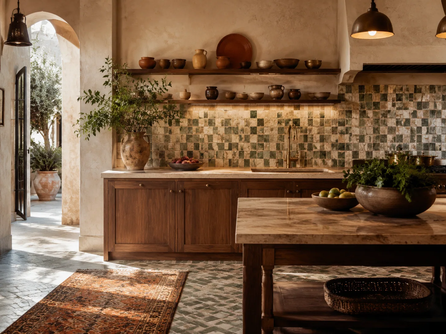 Bohemian Marrakech kitchen with layered zellige tile, walnut cabinets, pottery shelves, sun-washed plaster and a patterned runner.