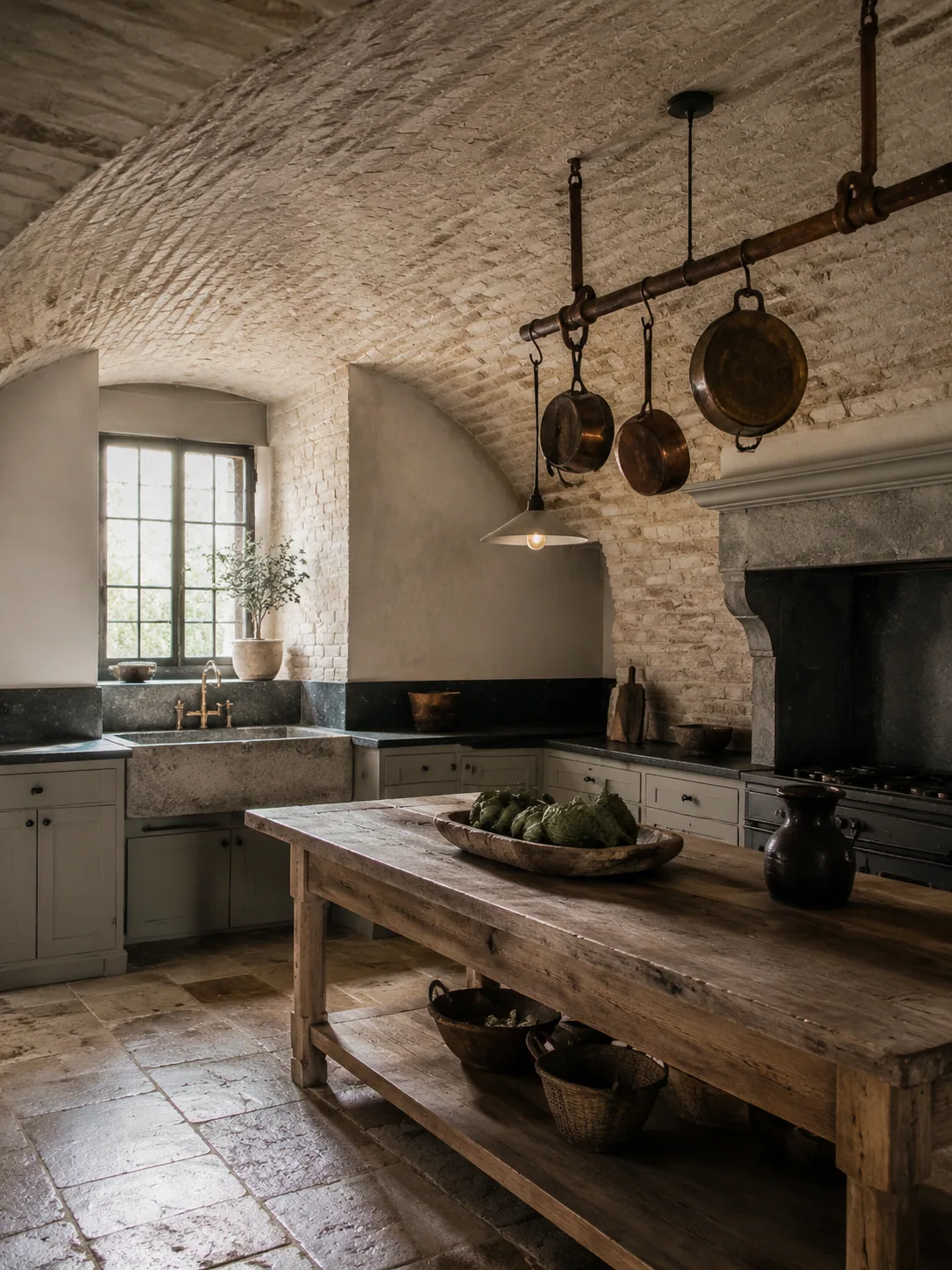 Vertical rustic Belgian farmhouse kitchen with a brick vault, rough-oak table, bluestone counters and aged copper cookware.