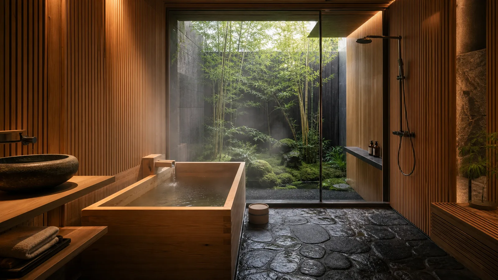 Japanese Zen bathroom with a hinoki soaking tub, river stone floor, cedar walls, and a moss courtyard