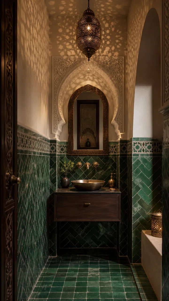Moorish powder room with emerald zellige tile, a carved plaster arch, dark wood vanity, and arched mirror