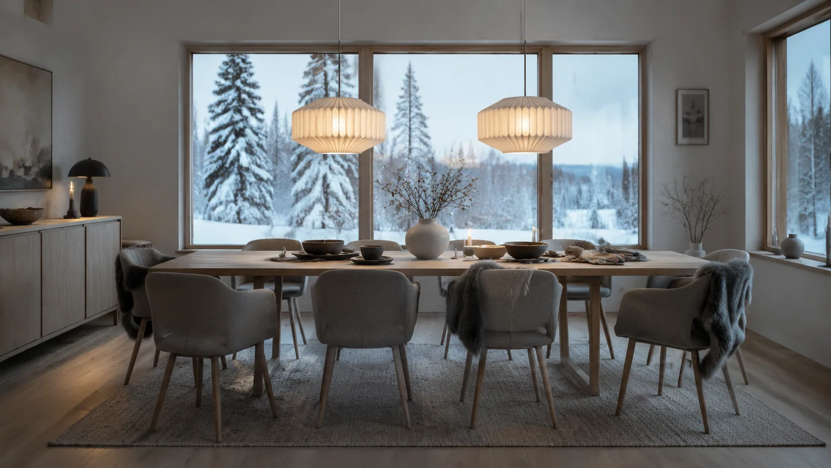 Wide Scandinavian dining room with a pale-ash table, wool chairs, paper pendants and snow-framed windows at blue hour.