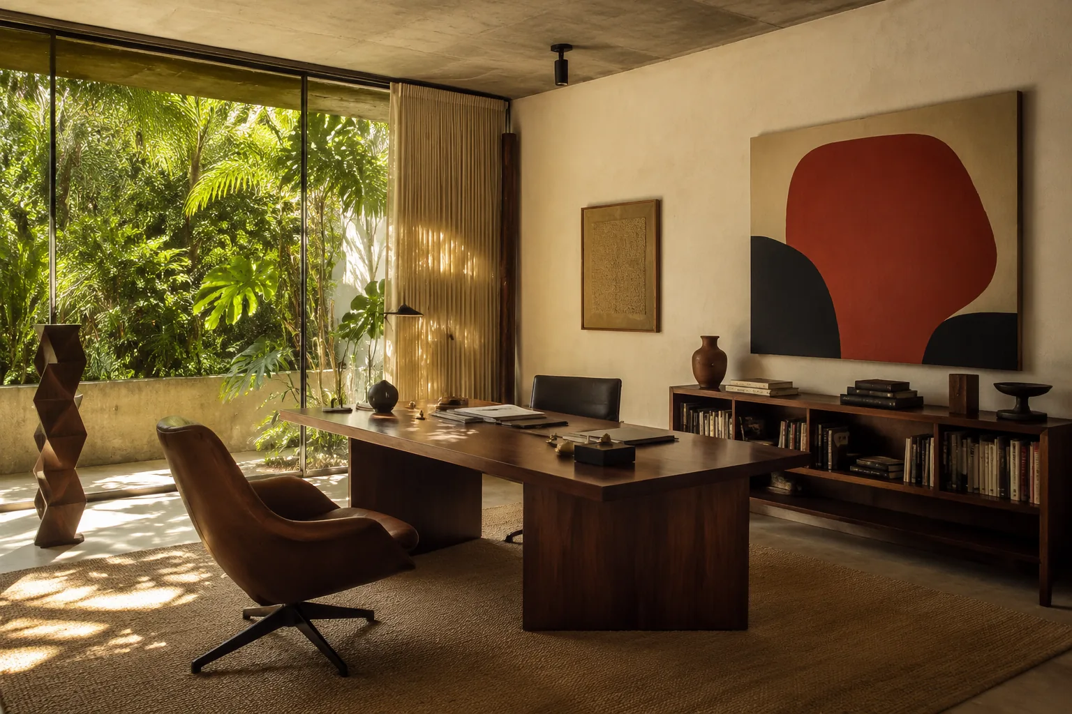 Brazilian modernist office with a rosewood desk, leather chair, concrete ceiling, and tropical garden view