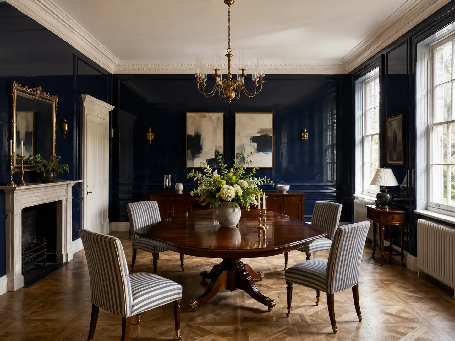 Traditional Regency dining room with navy lacquer walls, a mahogany pedestal table, tailored chairs and antique brass lighting.