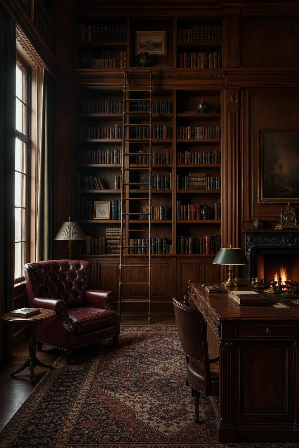 Dark academia library with walnut bookshelves, a brass ladder, leather armchair, antique desk, and fireplace