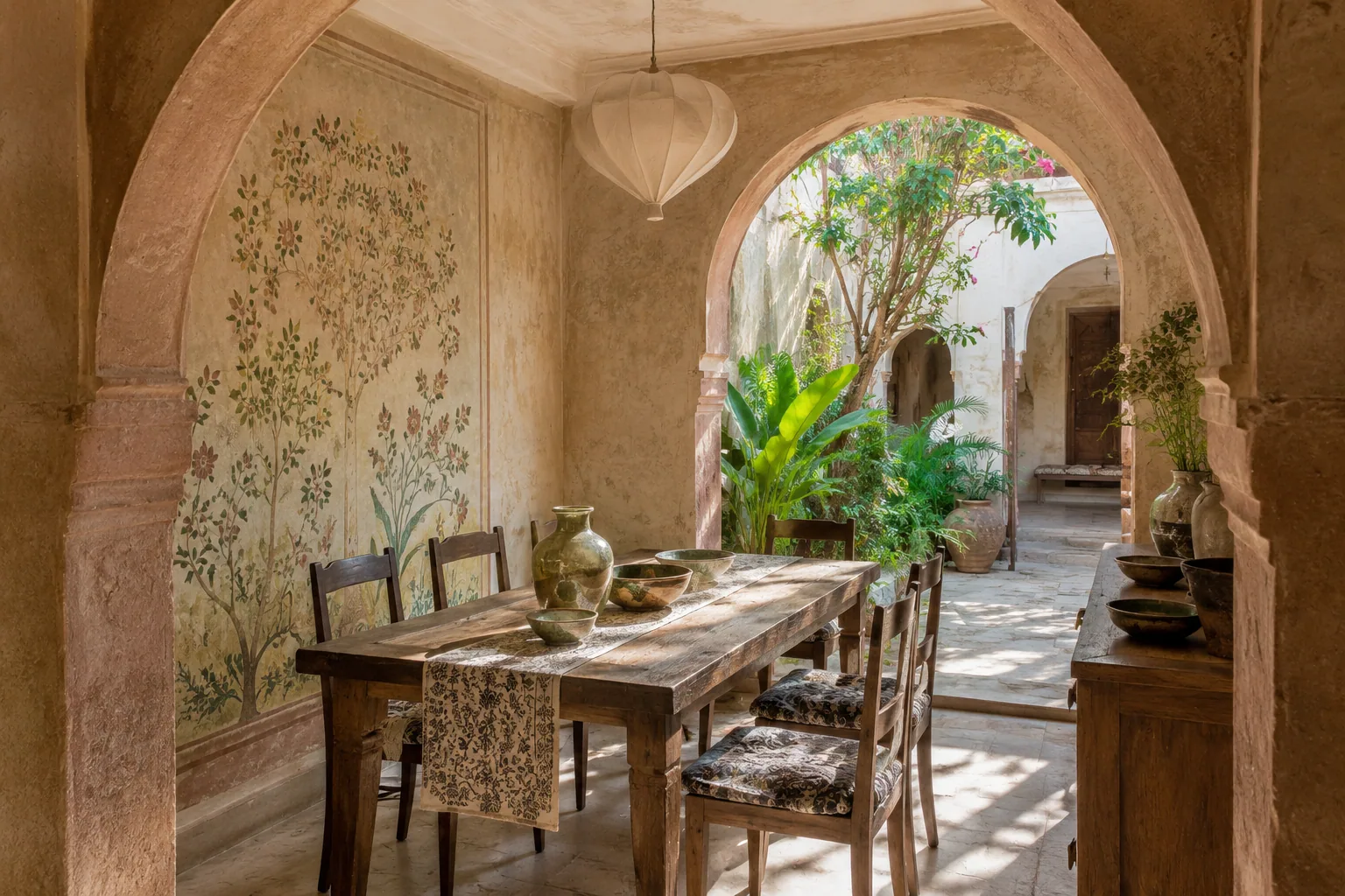 Bohemian Jaipur dining room with sandstone arches, an aged-teak table, block-print upholstery and a leafy inner courtyard.