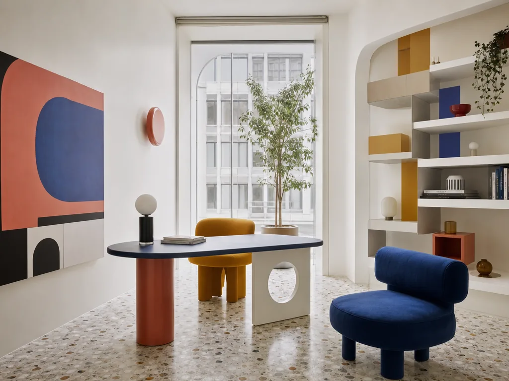 Memphis creative studio with a sculptural desk, asymmetrical shelving, terrazzo floor, and colorful geometric accents