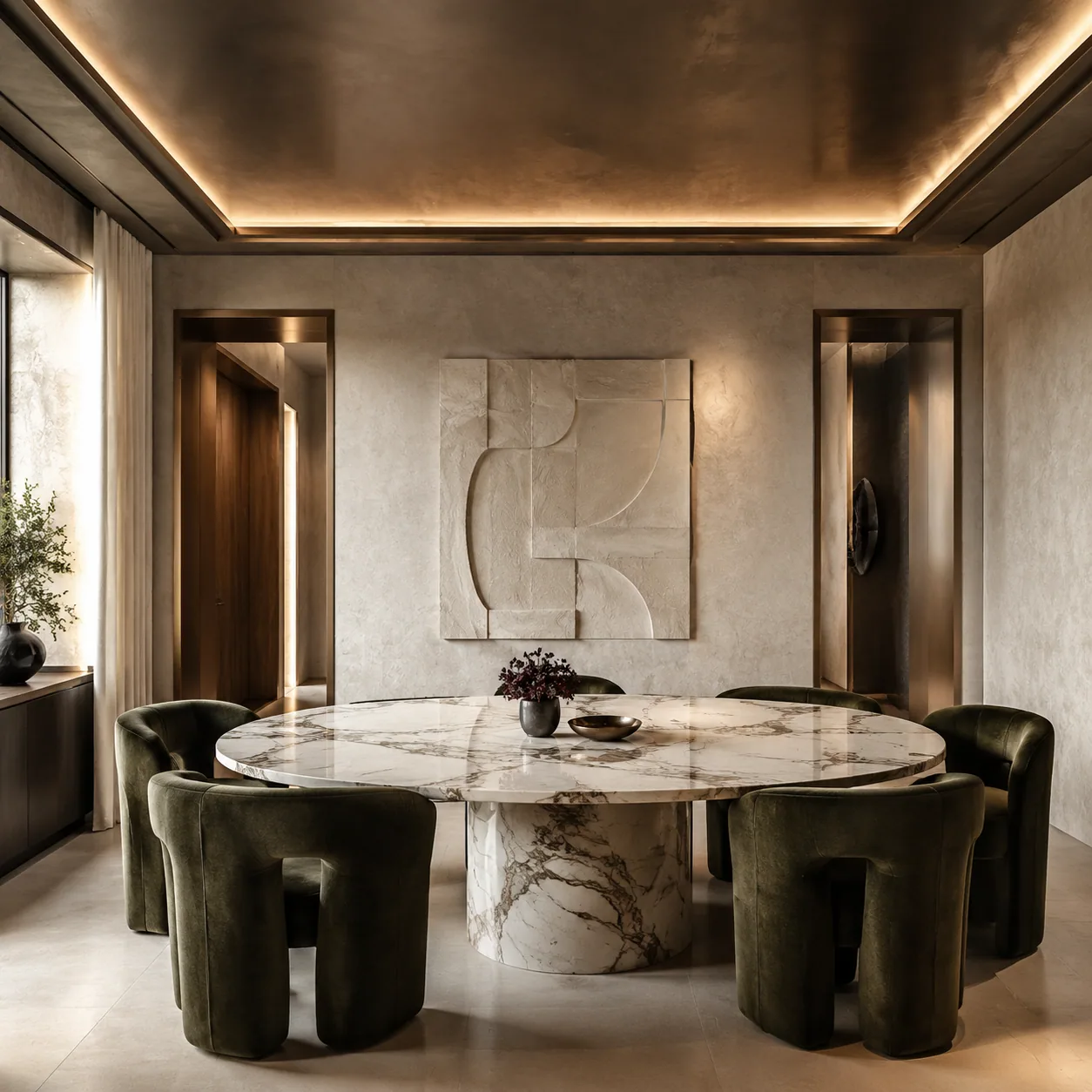 Square luxury private dining room with an oval Calacatta table, olive velvet chairs and a dark bronze cove-lit ceiling.