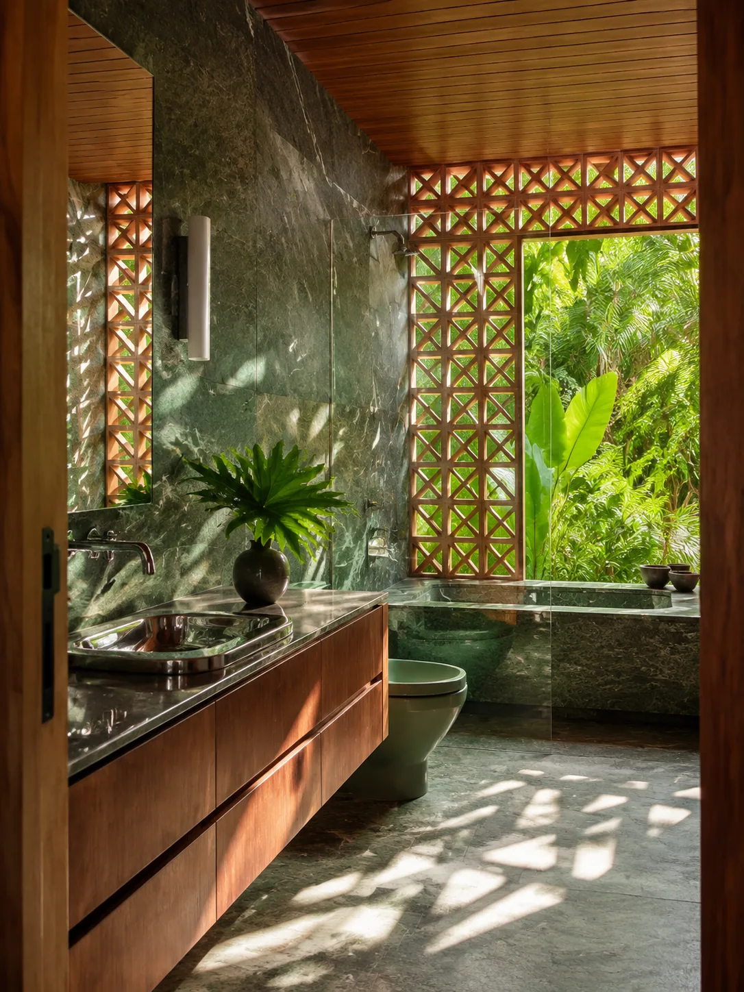 Brazilian modernist bathroom with green stone walls, a jacaranda vanity, chrome fixtures and a terracotta cobogó screen opening to tropical plants.