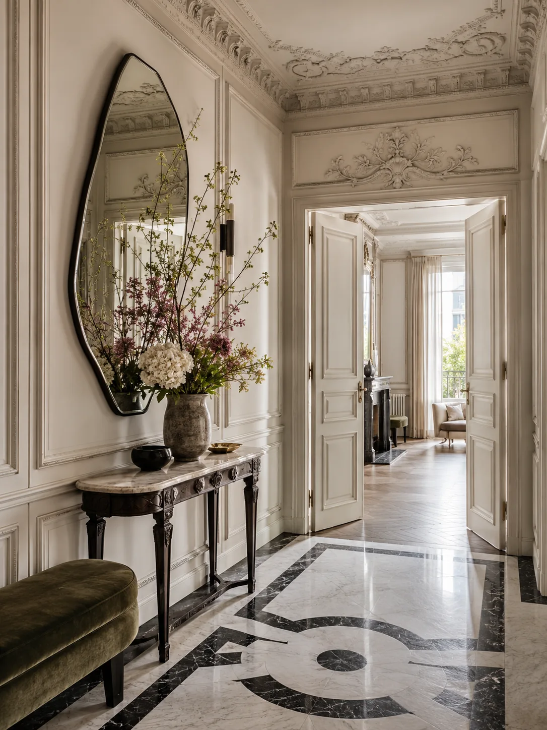 Haussmann foyer with ornate moldings, black and white marble floor, an antique console, mirror, and velvet bench
