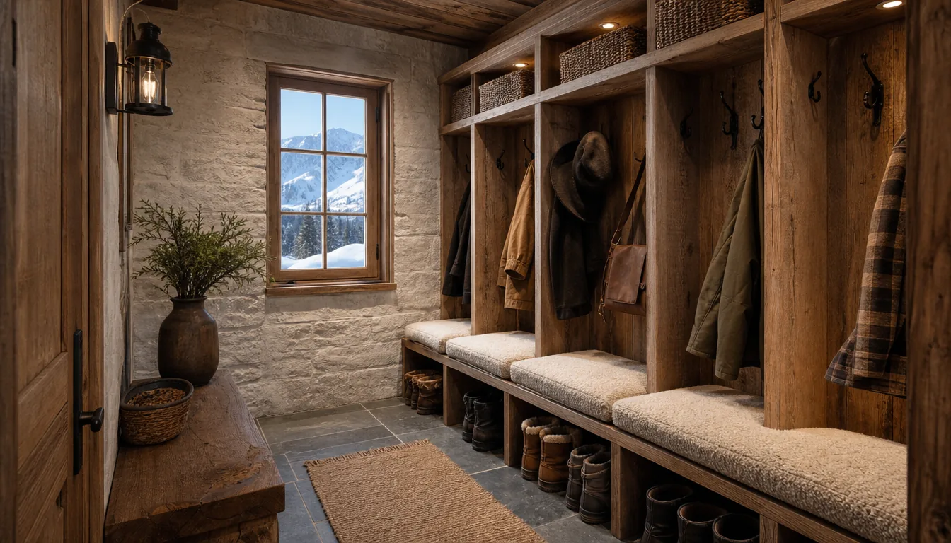 Alpine chalet mudroom with stone walls, oak lockers, wool cushions, slate floor, and a mountain view