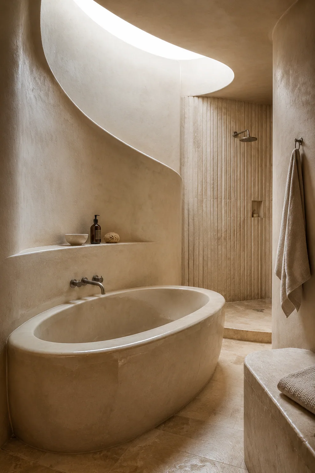 Contemporary spa bathroom with a curved tadelakt soaking tub, fluted limestone shower wall and soft daylight from a roof light.
