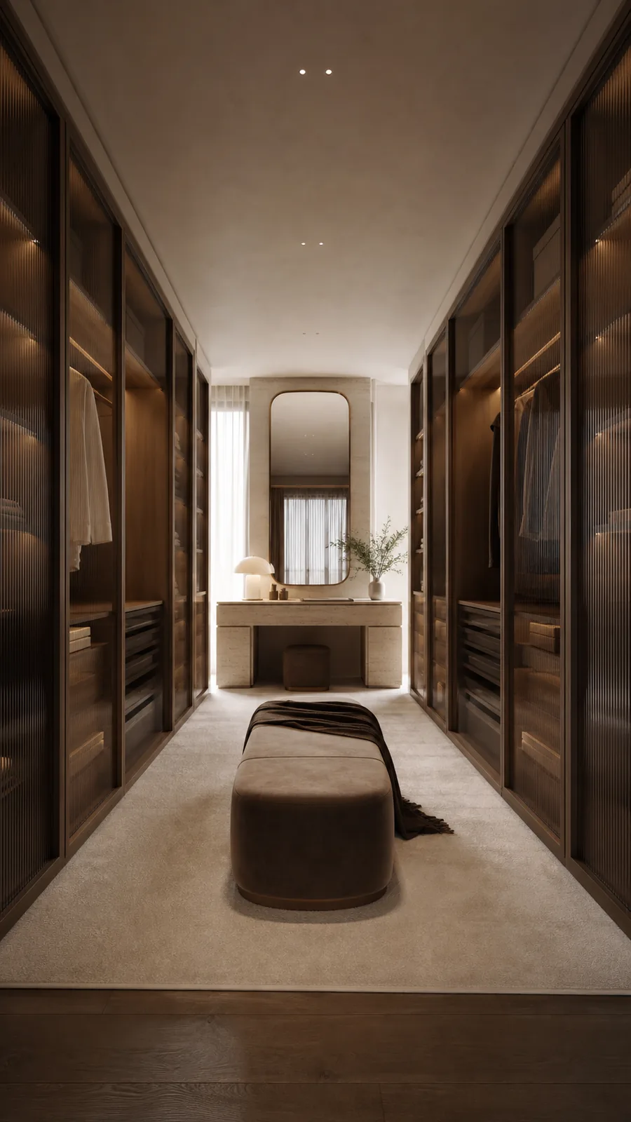 Milanese dressing room with smoked oak wardrobes, ribbed glass doors, a suede ottoman, and travertine vanity