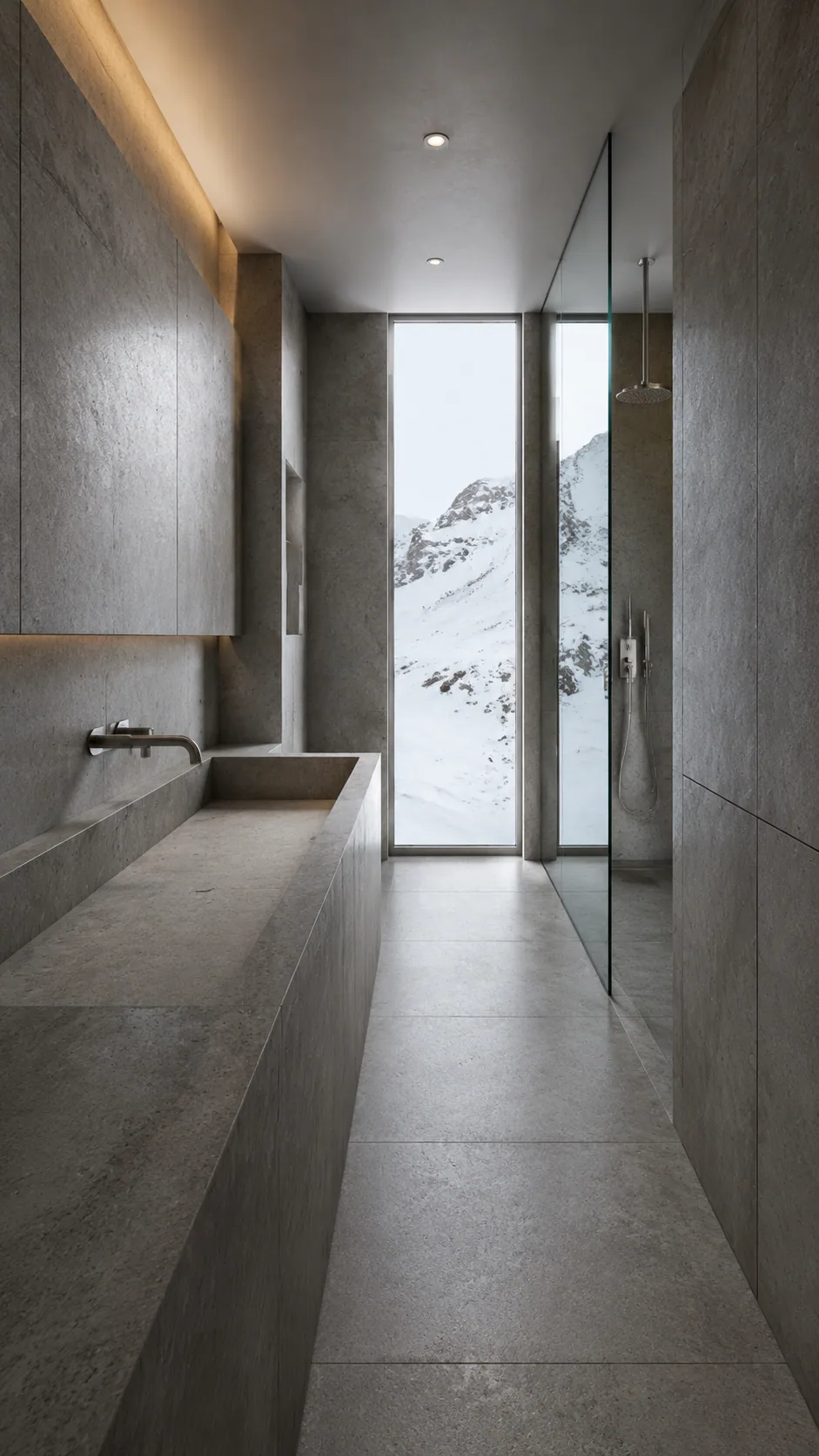 Tall Swiss minimalist bathroom with a monolithic gray-quartz basin, frameless shower glass and cool light reflected from snowy mountains.