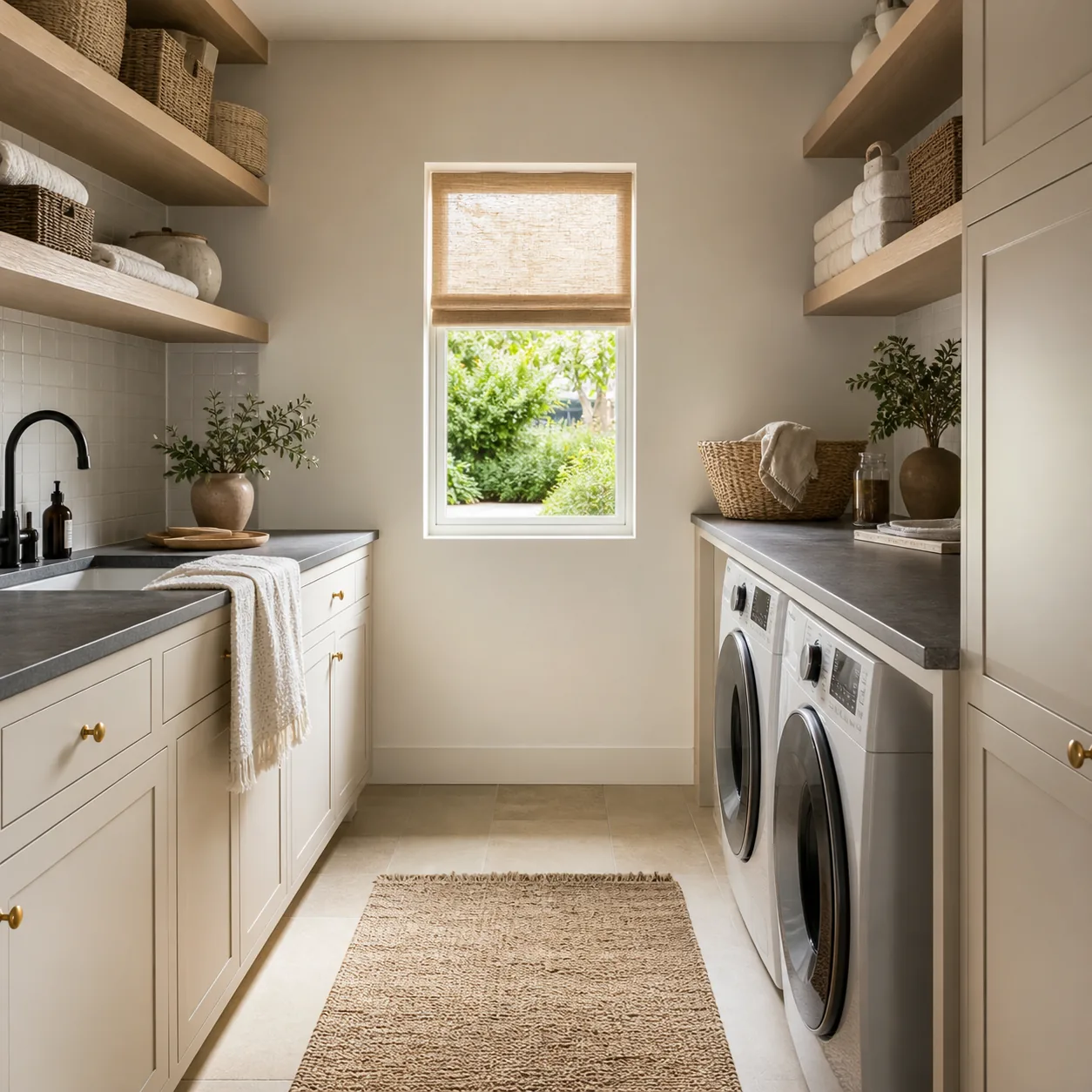 California casual laundry room with white cabinetry, oak shelves, handmade tile, a soapstone counter, and woven baskets
