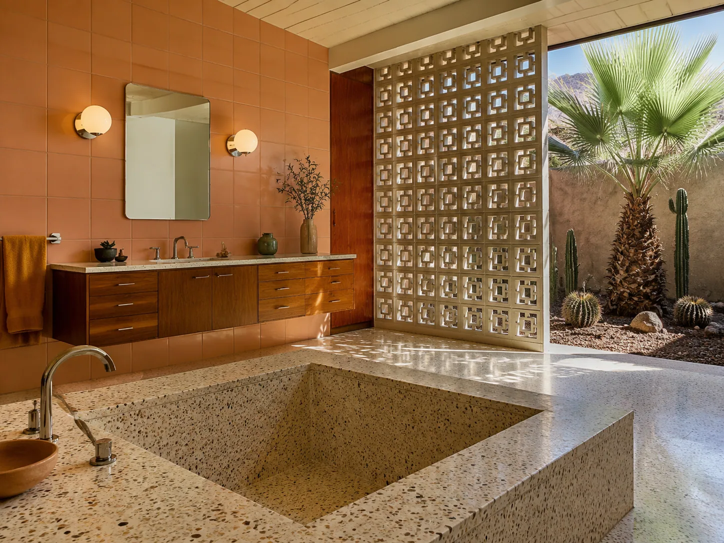 Palm Springs bathroom with a terrazzo sunken tub, teak vanity, peach tile, globe sconces and a sunlit breeze-block cactus garden.