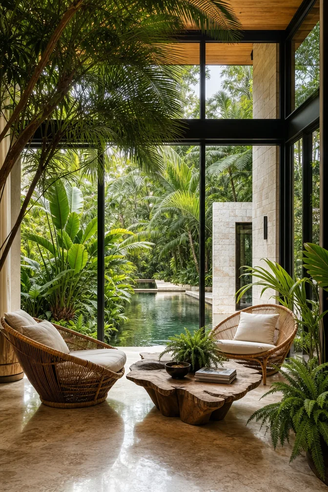 Biophilic conservatory with black steel windows, limestone floor, rattan chairs, tropical plants, and a reflecting pool