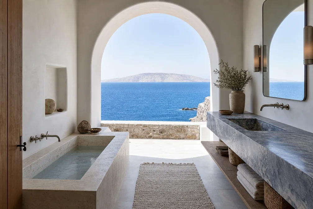 White Cycladic bathroom with a limestone bath, blue-veined stone vanity and a broad plaster arch framing the Aegean Sea.