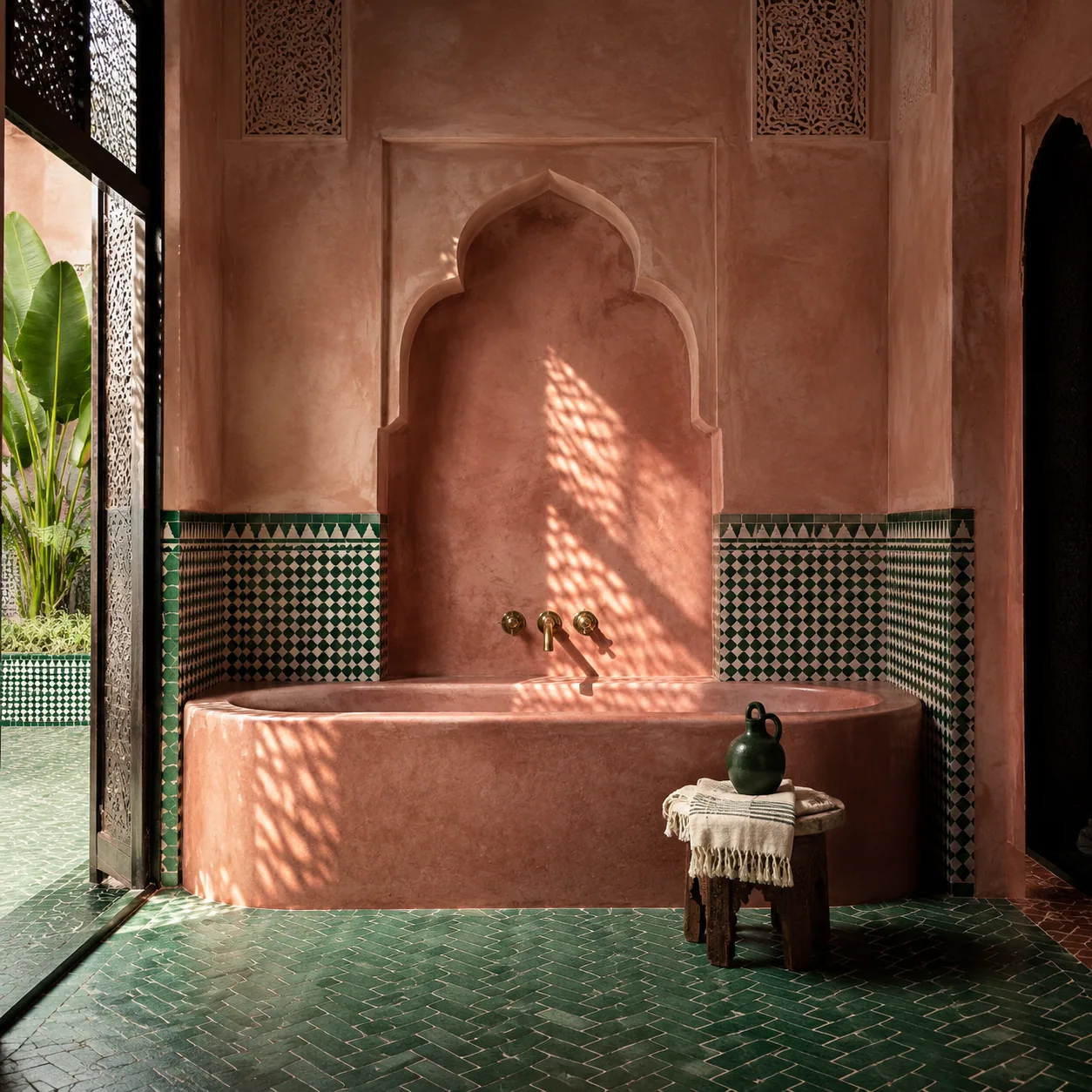 Square Marrakech riad bathroom with a rose tadelakt tub, geometric zellige, carved plaster niche and aged-brass fixtures.