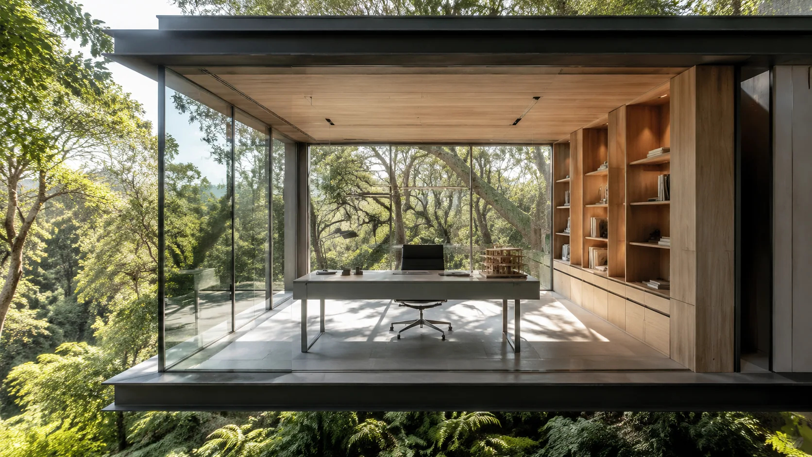 Modern cantilevered garden office with a slim aluminum desk, white-oak built-ins and floor-to-ceiling glass overlooking trees.