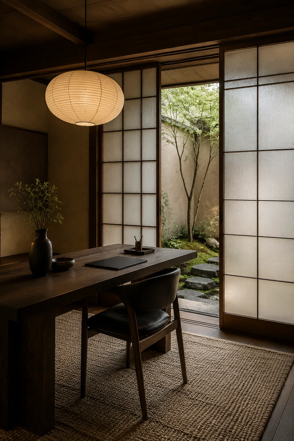 Japandi home office with a dark-oak desk, translucent shoji screens, a paper pendant and a small moss courtyard.