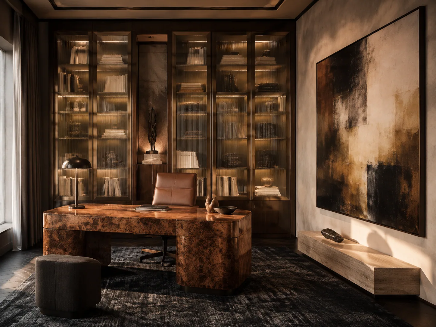 Luxury executive office with a sculptural burl-wood desk, saddle-leather chair, bronze-framed fluted-glass cabinets and oversized abstract art.