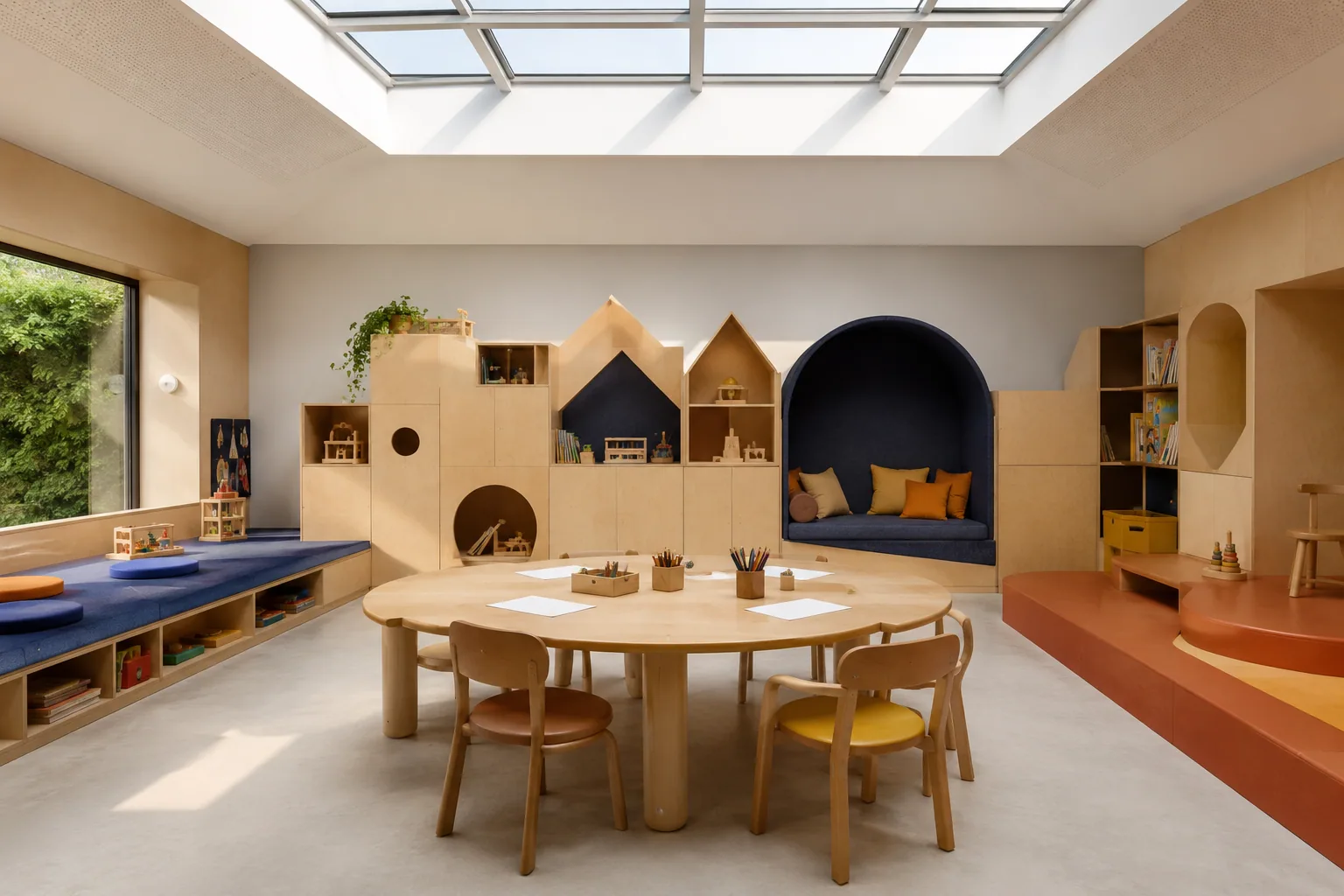 Modern kids' room with a skylit birch craft table, modular storage blocks, rounded furniture and movable muted-color play platforms.