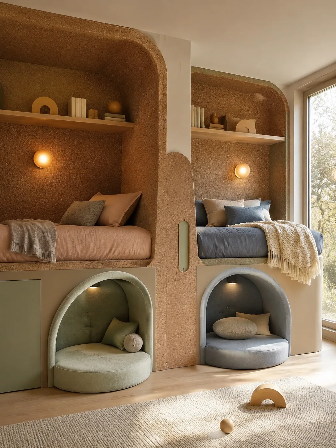 Contemporary shared kids' room with curved cork walls, two integrated beds, rounded shelving and upholstered reading pods in mineral colors.