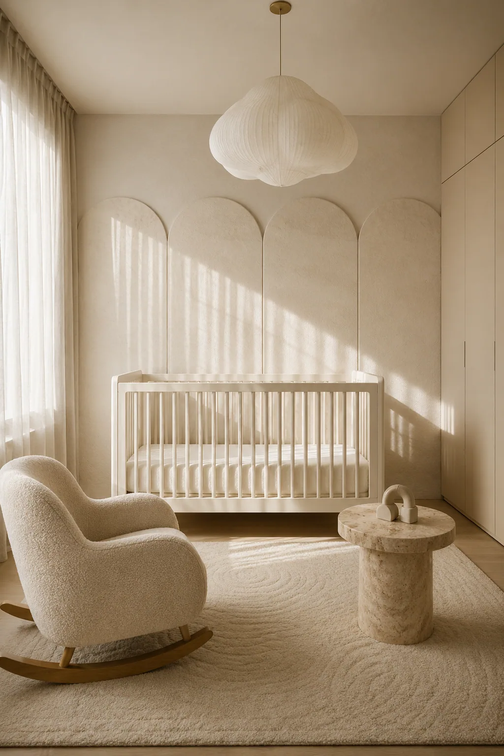 Neutral contemporary nursery with an ivory crib, scalloped wall panels, cloud-like pendant, bouclé rocker and travertine side table.