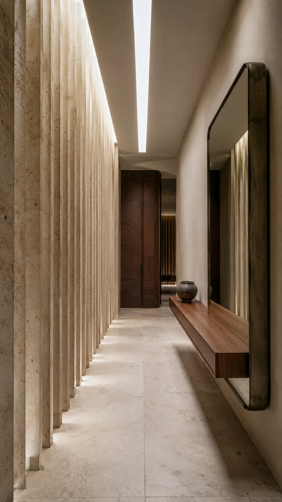 Tall modern entryway with a fluted-limestone screen, cantilevered walnut console, bronze mirror and linear overhead skylight.