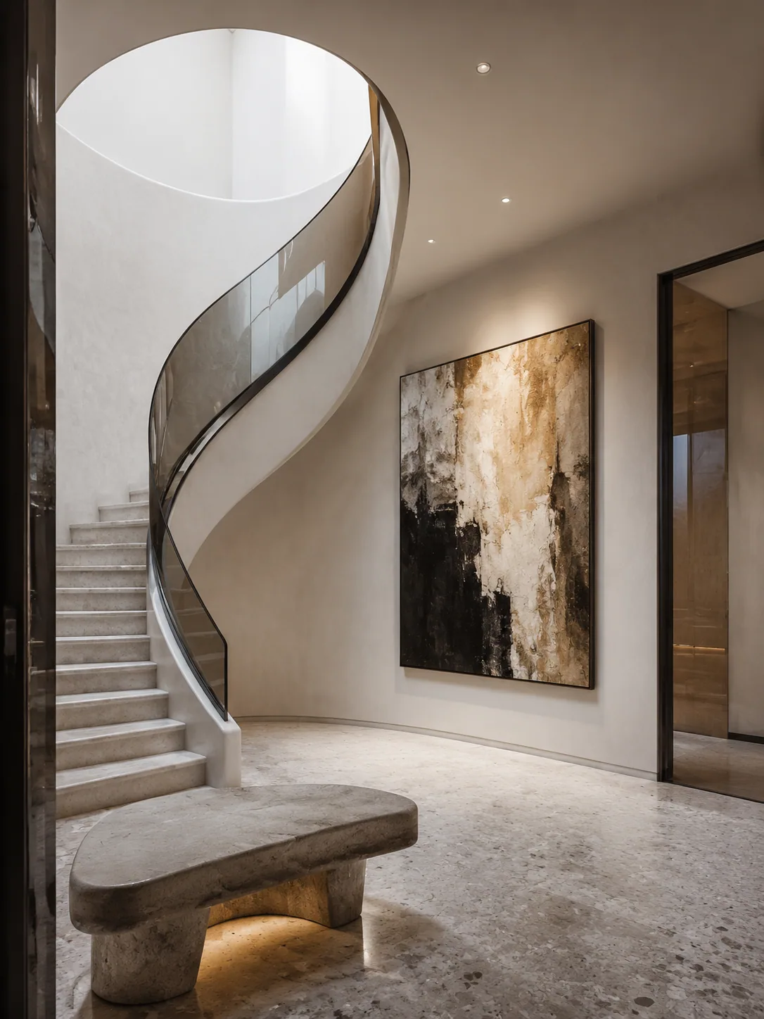 Contemporary gallery entryway with a curved white-plaster stair, smoked-glass balustrade, sculptural bench and oversized abstract artwork.