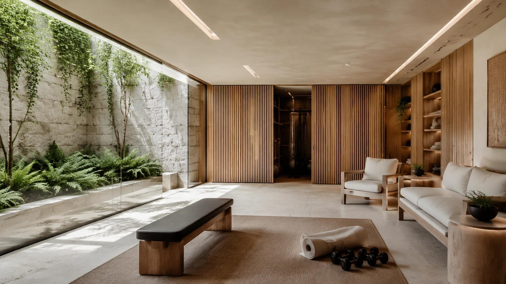 Modern wellness basement with a fern-filled sunken garden, limestone exercise zone, concealed oak equipment storage and recovery seating.