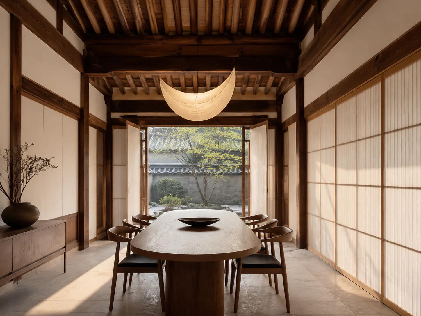 Contemporary Hanok Dining Room interior in minimalist style