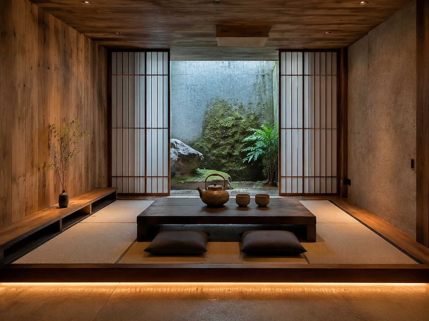 Japandi basement tea retreat with cedar lining, a raised tatami platform, translucent partitions and a moss-filled daylight well.