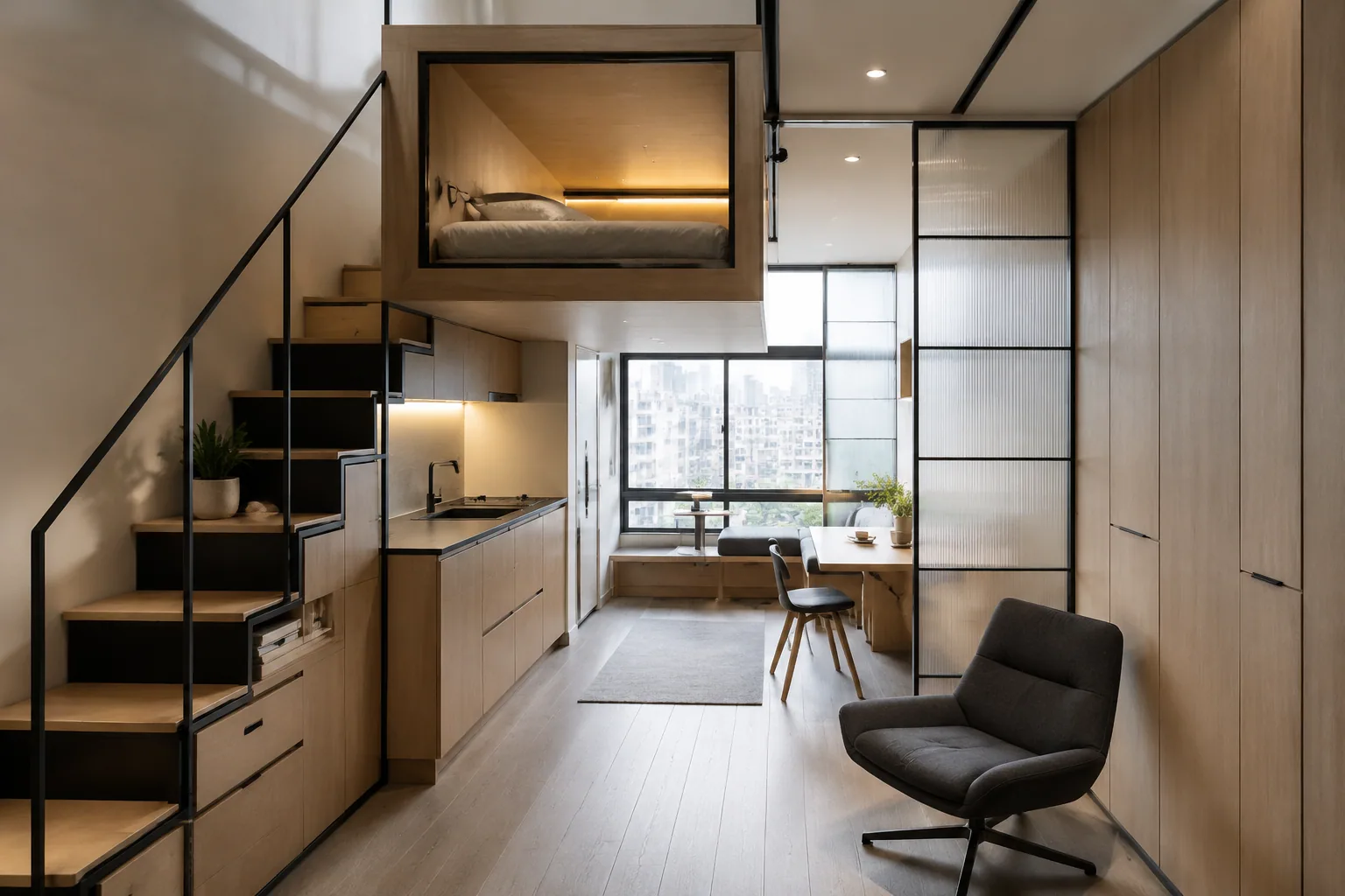 Tokyo micro studio with a floating sleeping capsule above an oak kitchen, black-steel stair and translucent sliding partitions.