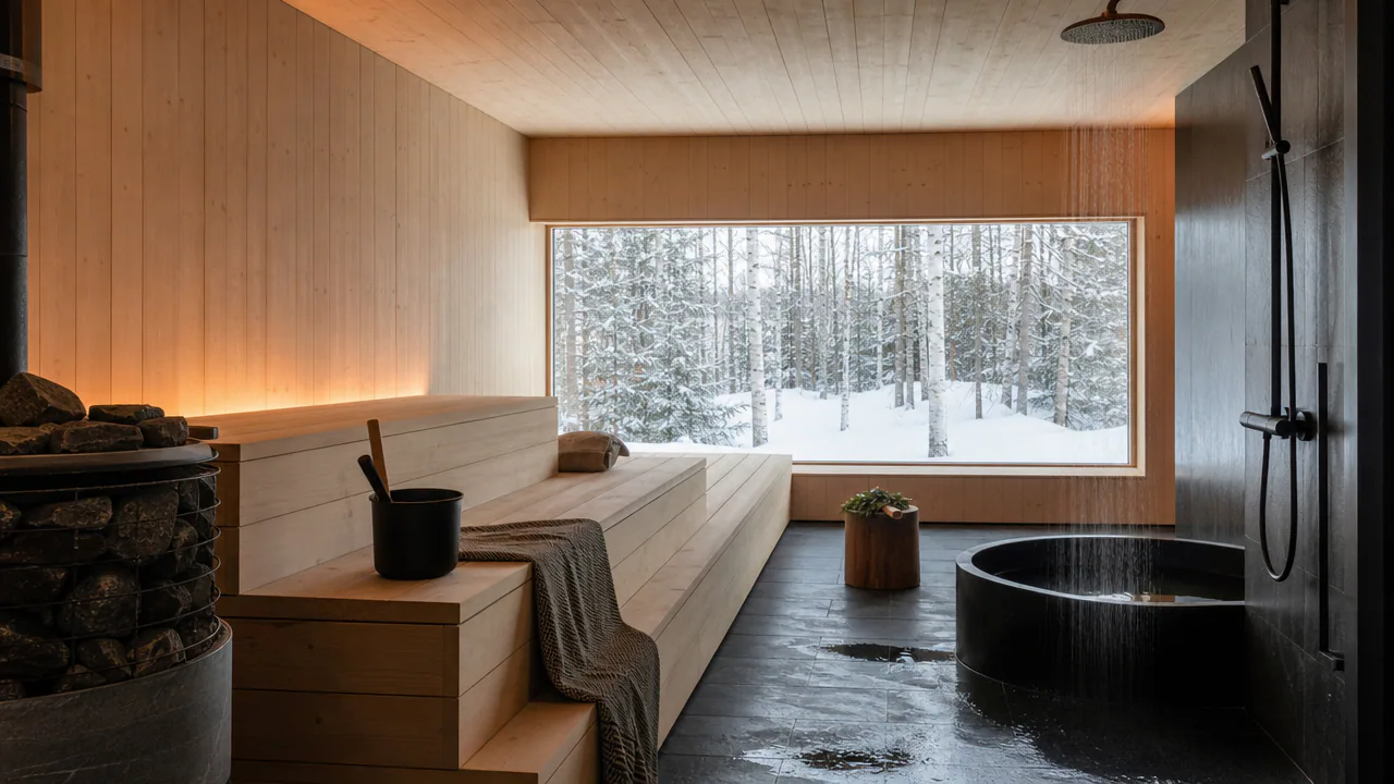 Finnish Sauna Bathroom interior in scandinavian style
