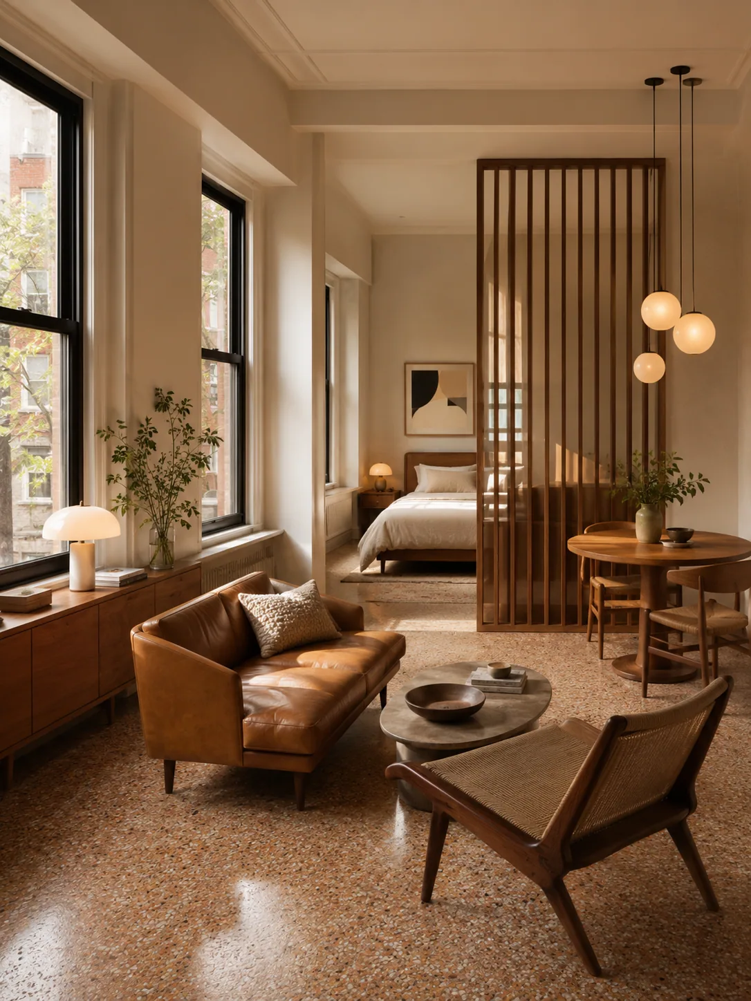 West Village studio apartment with walnut dividers, compact leather seating, terrazzo flooring, globe pendants and tall sash windows.