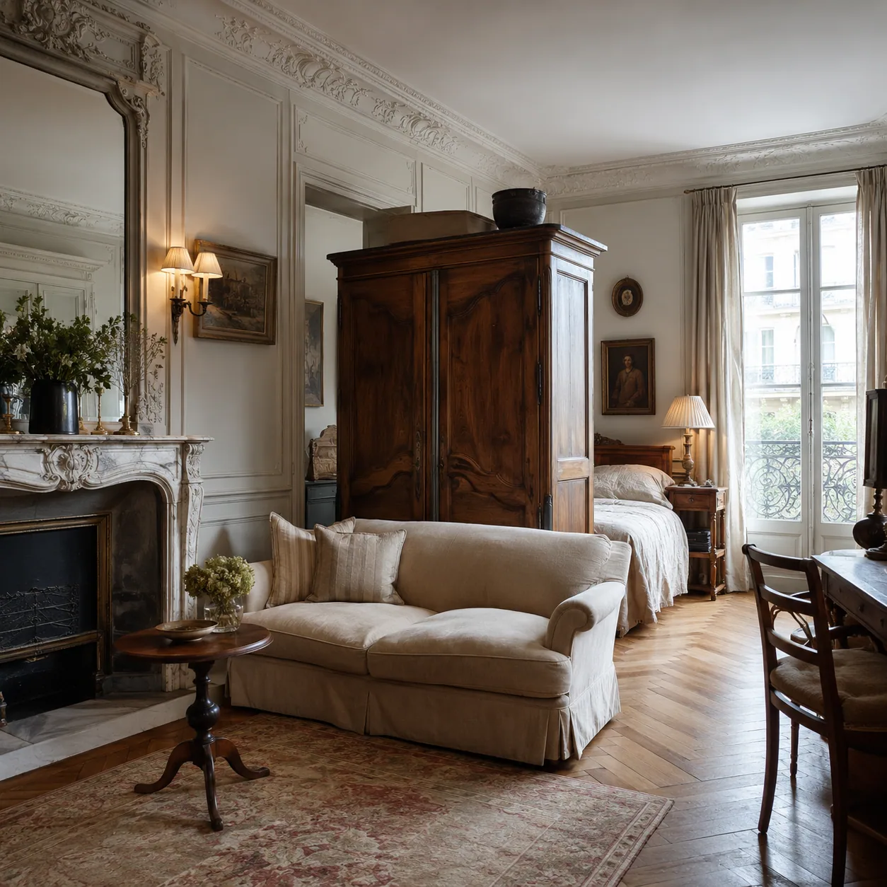 Parisian classical studio with plaster cornices, marble fireplace, herringbone floor and an antique armoire dividing the bed and living area.