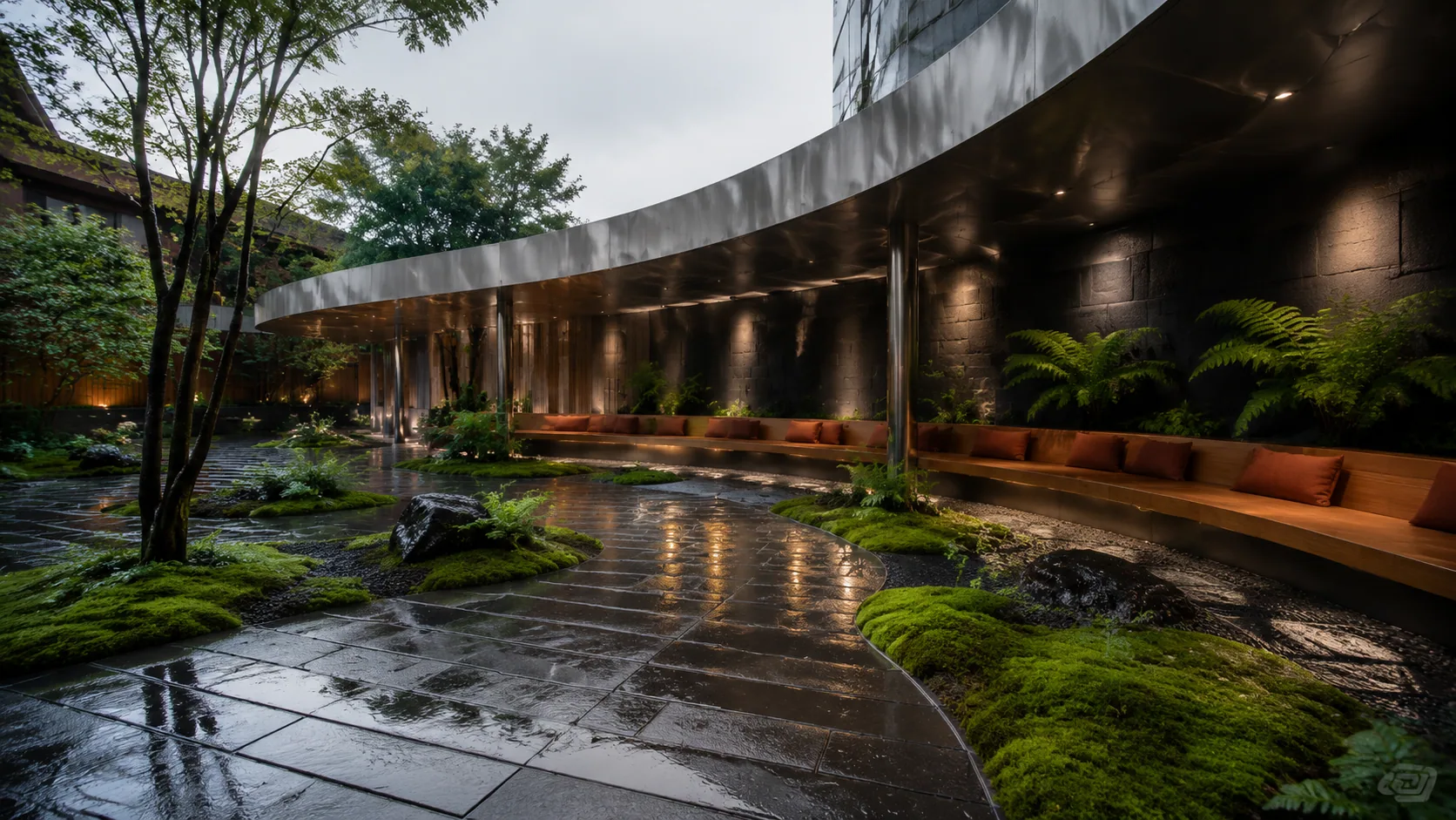 Contemporary urban courtyard after rain with a curved stainless canopy, wet basalt paving, moss islands and sheltered warm seating.