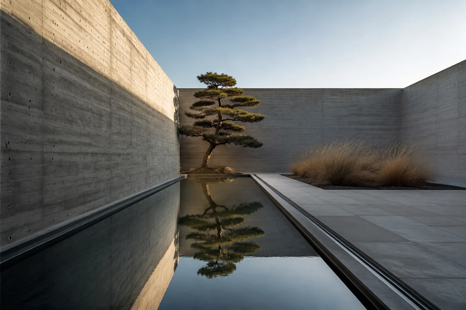 Minimalist Brutalist courtyard with board-formed concrete walls, a long reflecting pool, one sculpted pine and sparse dry grasses.