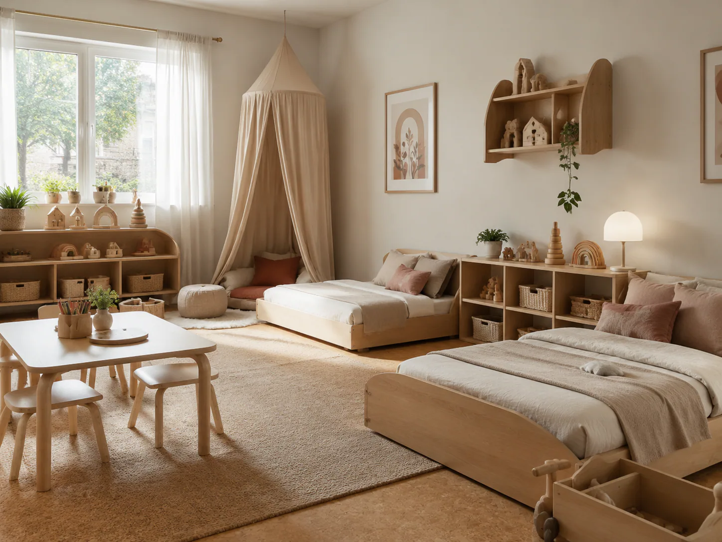 Montessori Shared Kids' Room interior in minimalist style