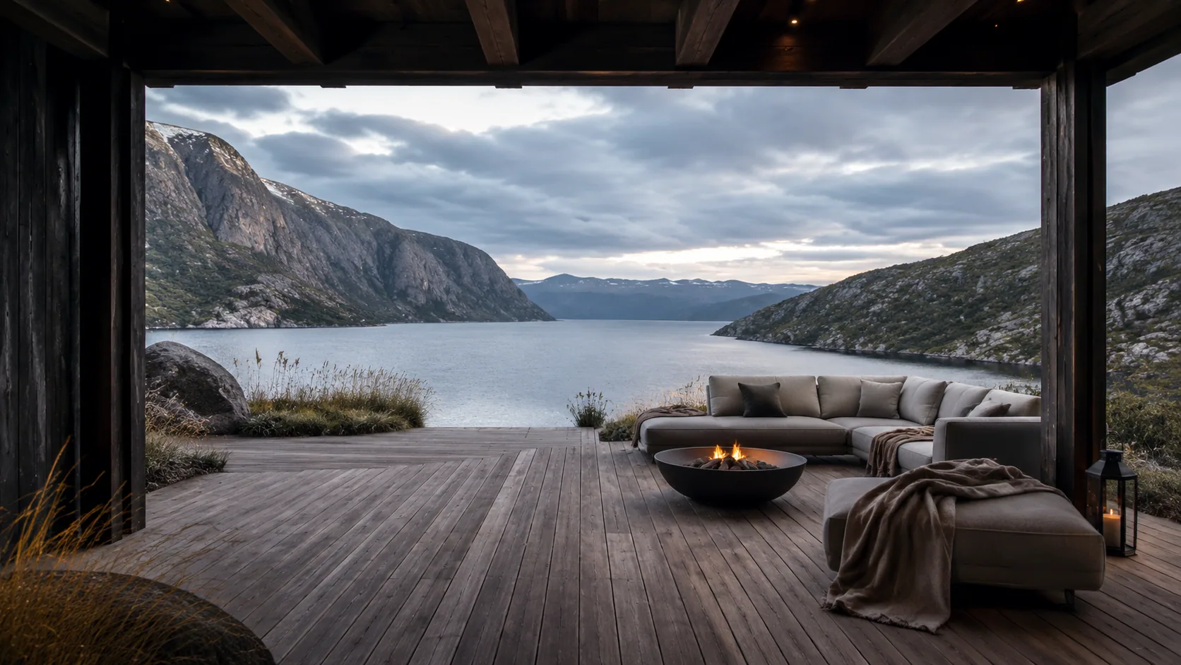 Scandinavian fjord deck with thermowood boards, pale modular seating, a black timber shelter and a simple fire bowl facing mountain water.
