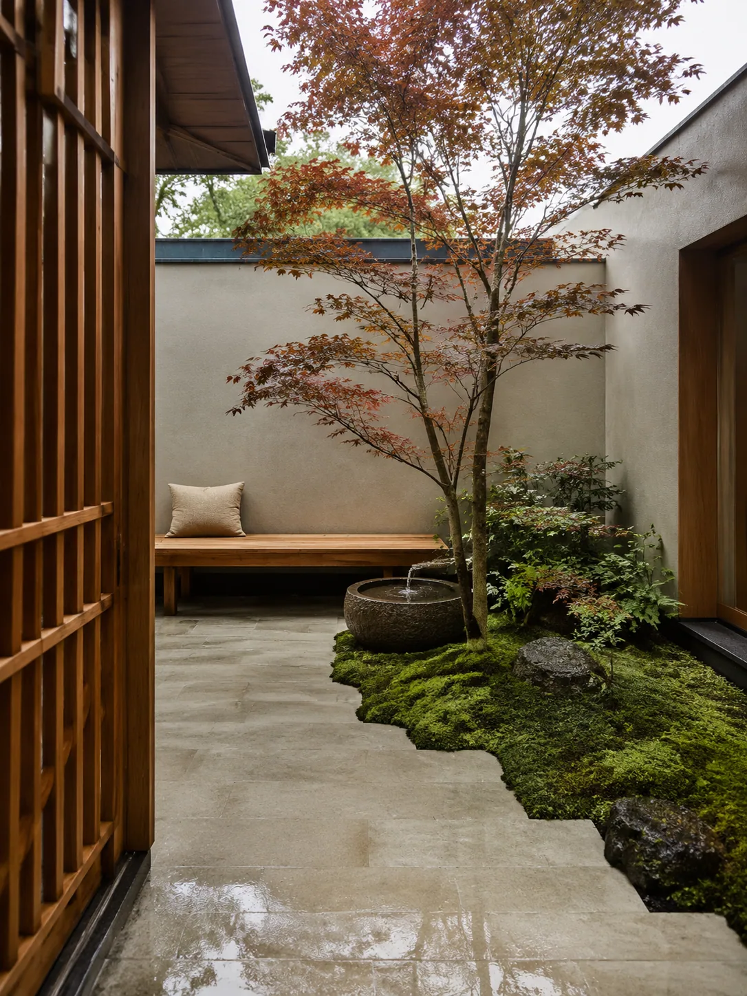 Portrait Japandi courtyard with cedar lattice, pale stone paving, moss, a low built-in bench and one restrained Japanese maple.
