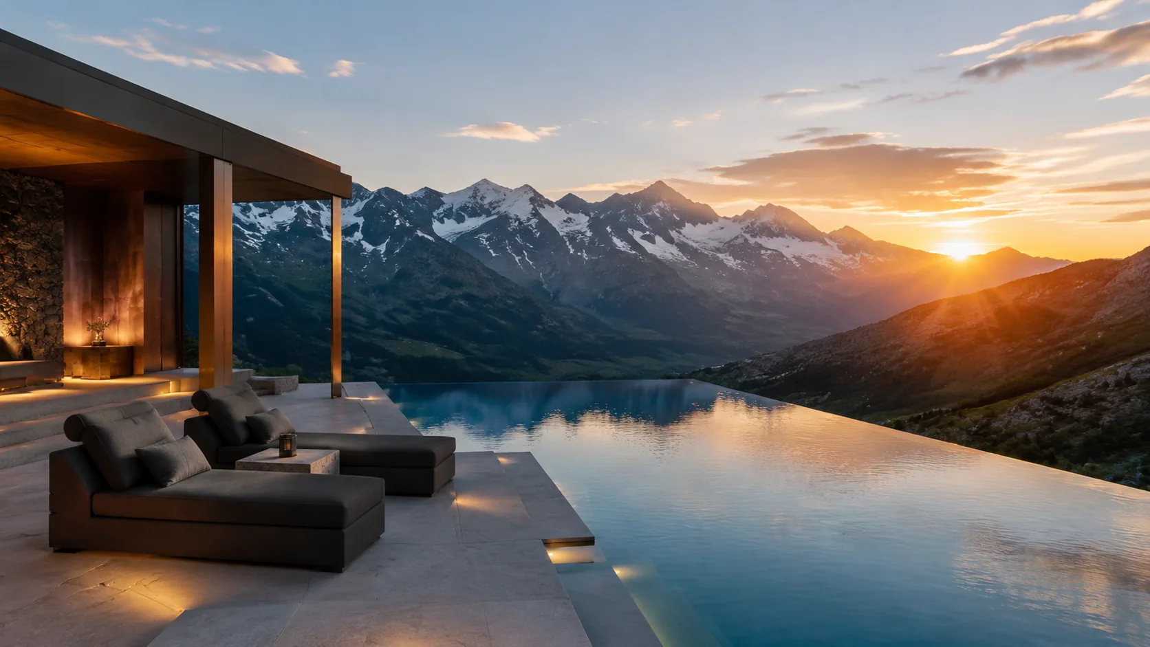 Luxury alpine terrace with a cantilevered infinity pool, bronze pavilion, deep tailored loungers and sunset over snow-streaked mountains.