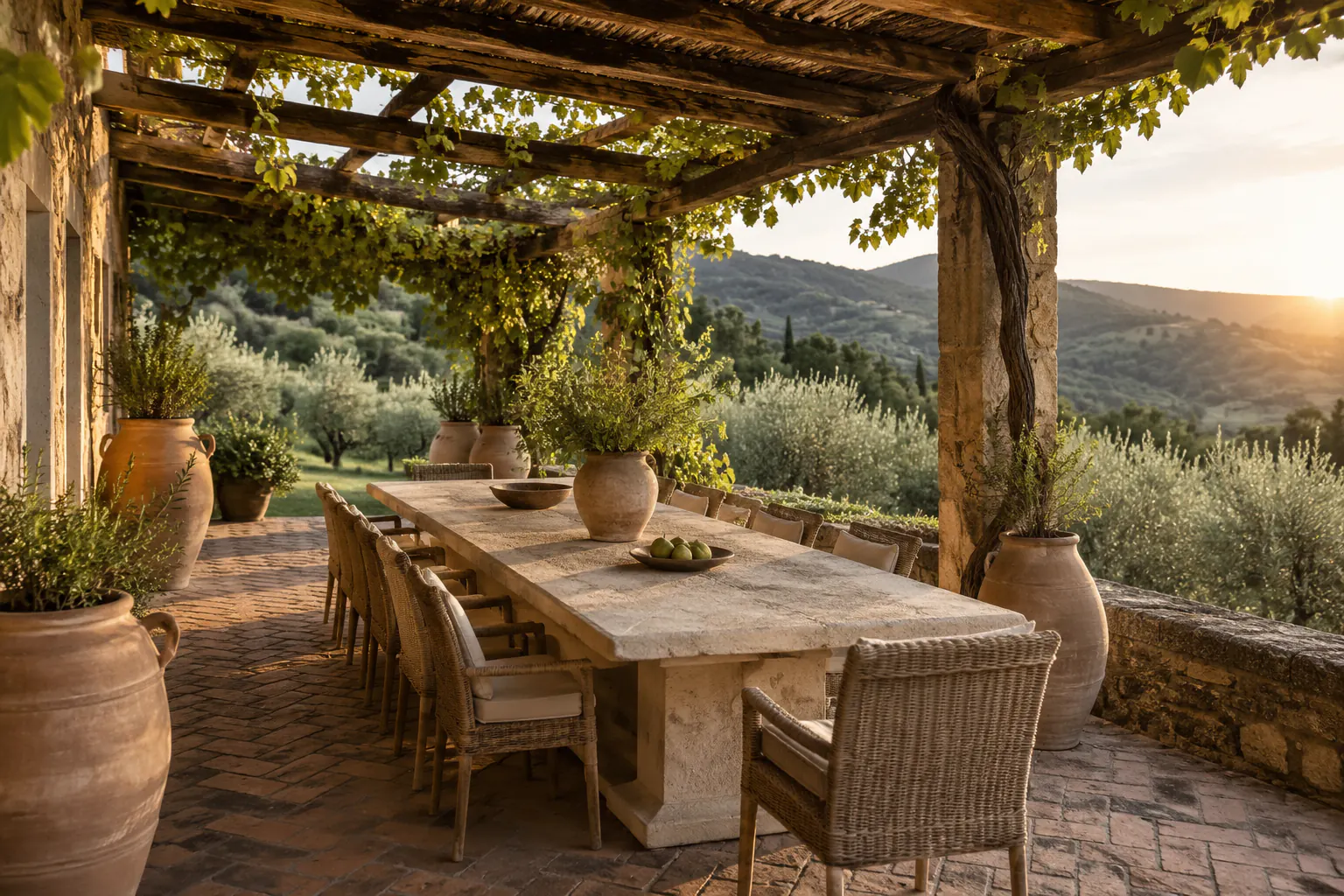 Tuscan Pergola Terrace interior in rustic style