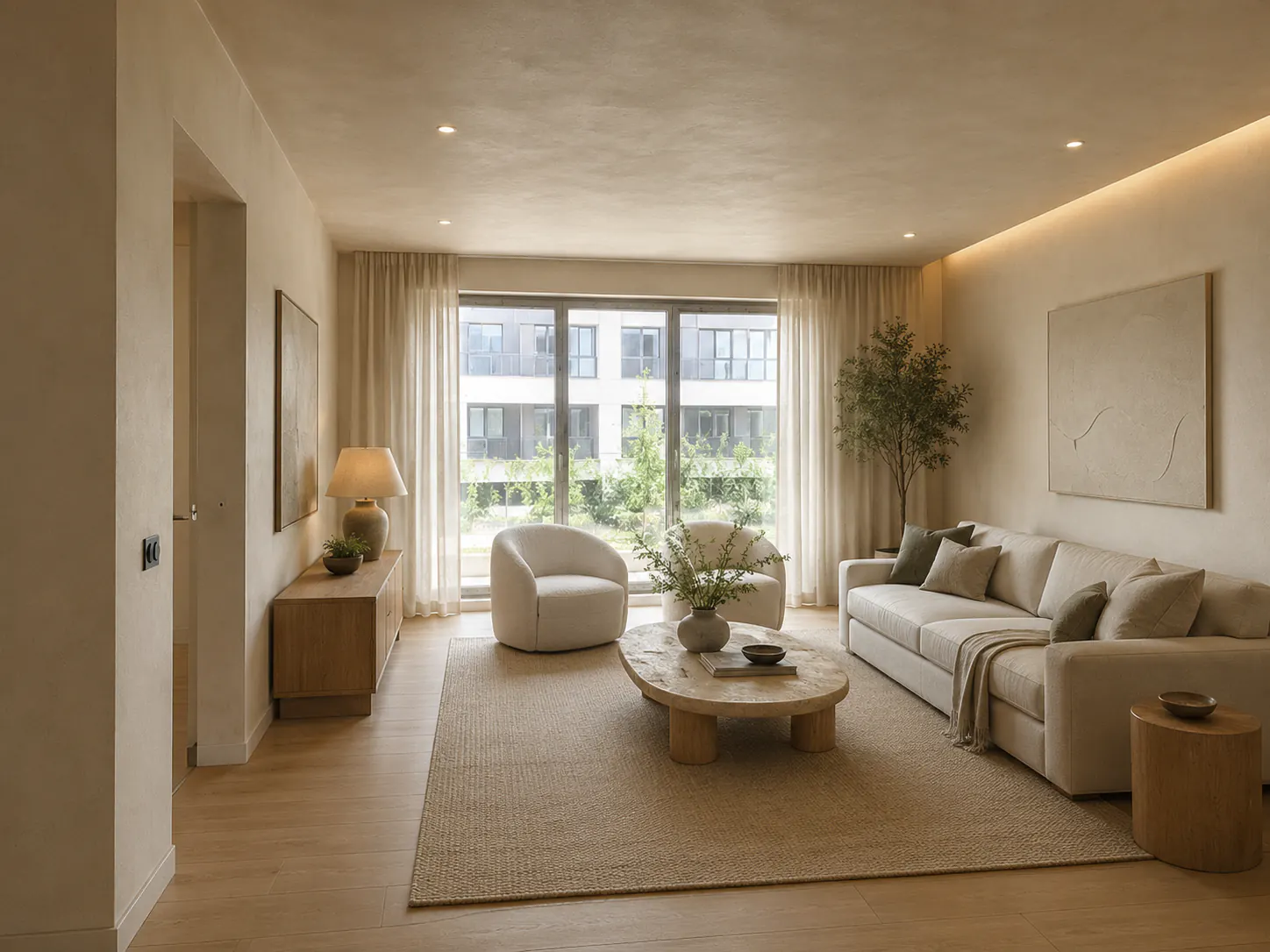 Restrained Modern Organic living room with a wide window, oatmeal linen seating, pale oak, travertine, and warm neutral finishes.