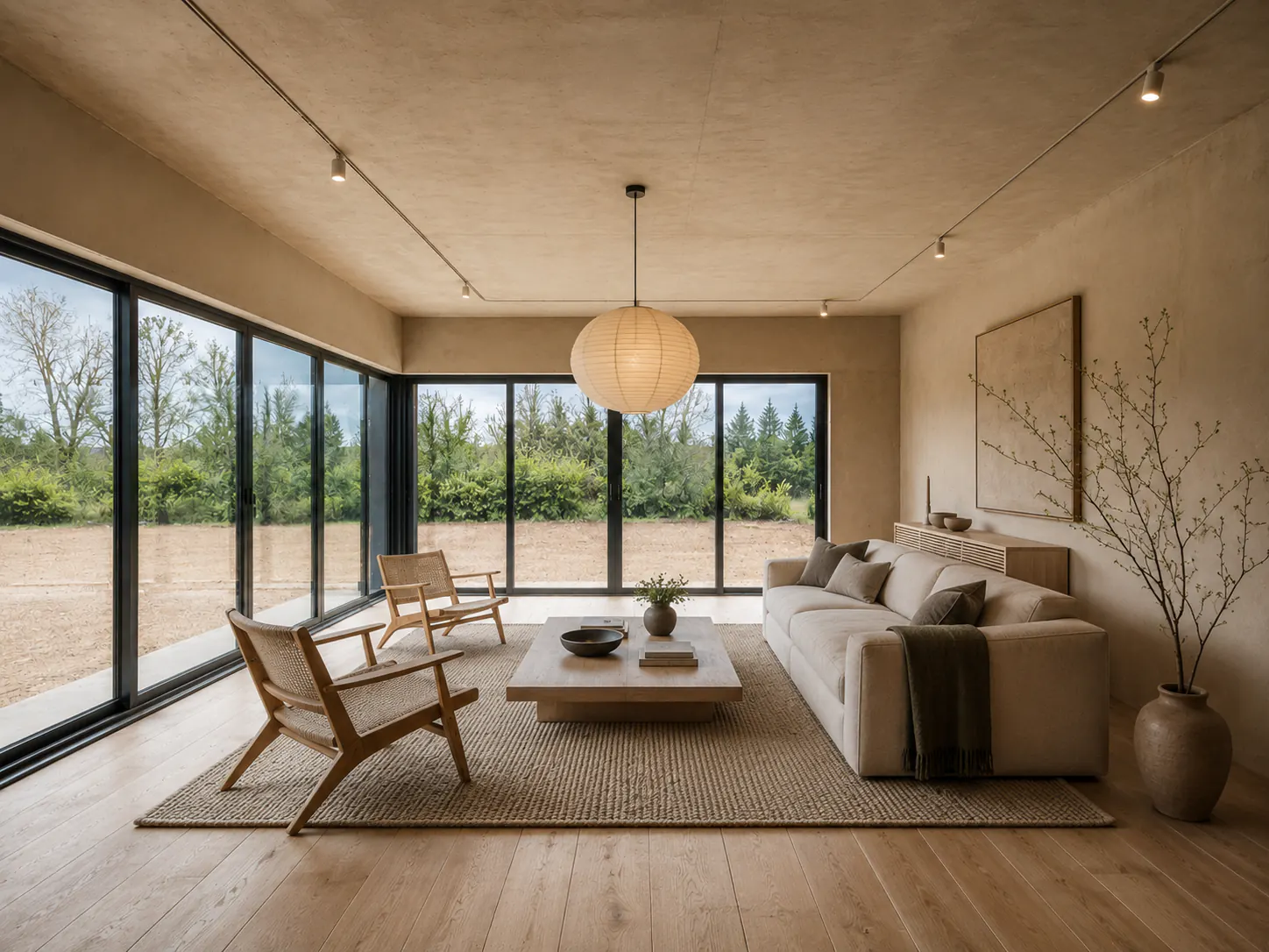 Calm Japandi living room with corner glazing, low greige seating, light ash wood, paper lighting, and warm plaster walls.